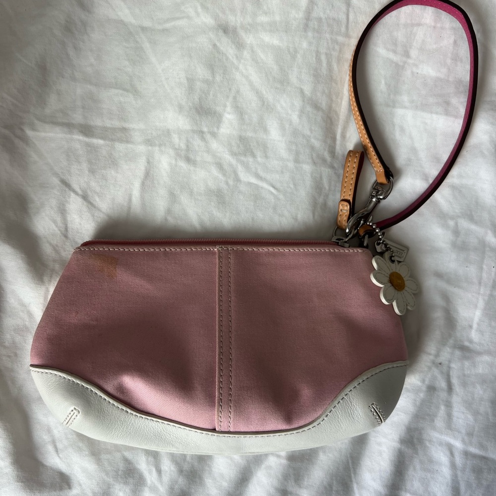 Coach Pink & White Wristlet with Daisy Flower Charm